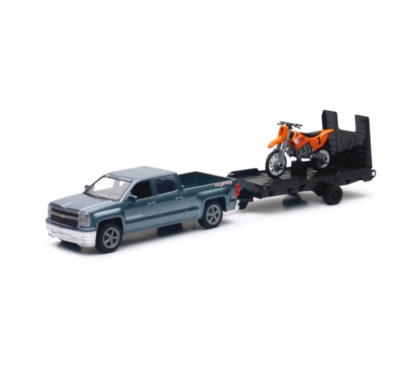 NewRay Toys Die Cast Chevy Silverado with Trailer and Dirt Bike - Image 1
